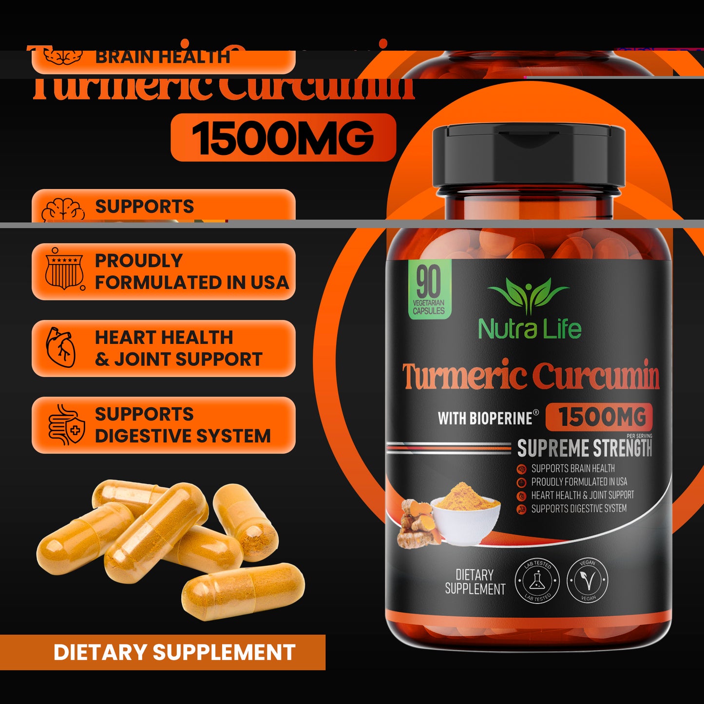 High Potency Turmeric Curcumin USA Made with BioPerine Natural Joint Support 95% Standardized Curcuminoids & Black Pepper Extract - Non GMO Gluten Free - 90 Capsules by Nutra Life